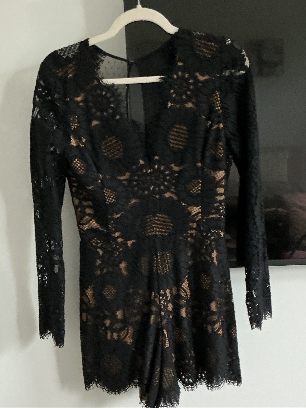 Alexis Black Lace Long-Sleeve Romper with Nude Lining